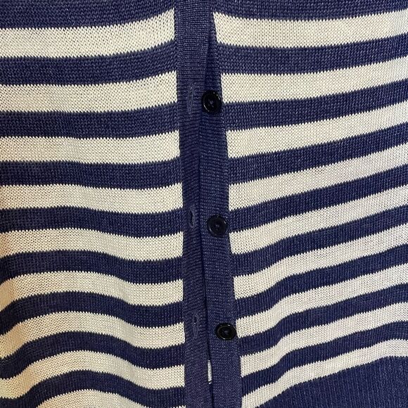 Talbots Womens Cardigan Sweater Navy White Stripe V-Neck Linen L - Picture 2 of 6
